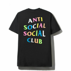 Anti Social Social Club Rainbow Black Tee "Black T-shirt from Anti Social Social Club featuring a vibrant rainbow graphic, blending playful colors with a contemporary streetwear vibe."