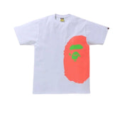BAPE Neon Side Big Ape Head White Tee "White T-shirt featuring a neon side graphic of a large ape head, blending vibrant design with a classic streetwear aesthetic from BAPE."