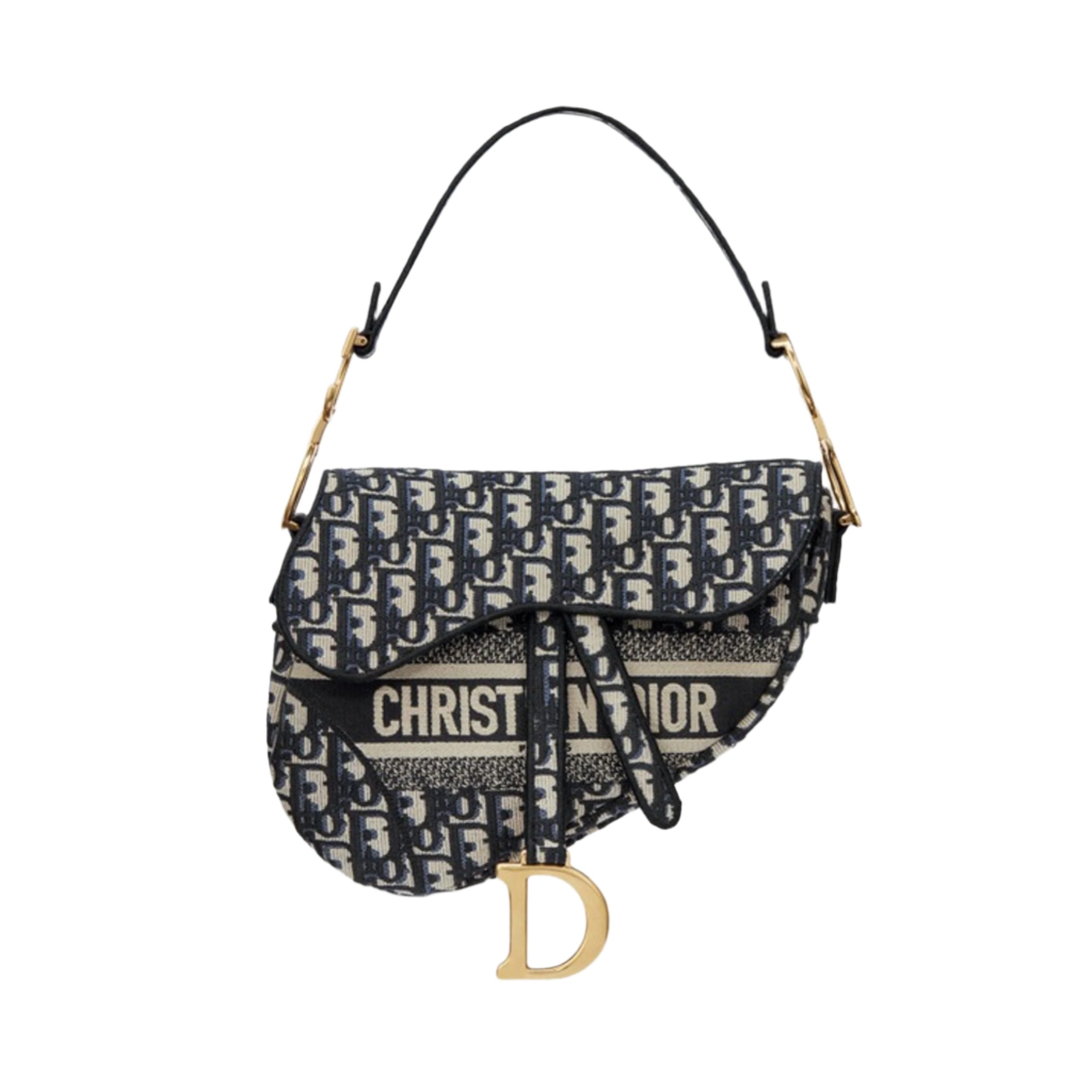 "DIOR Saddle Bag in blue with Dior Oblique embroidery, featuring a distinctive curved silhouette and a gold-tone hardware detail. The bag includes an adjustable strap, making it a stylish and luxurious accessory for any outfit."