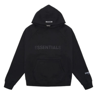 FEAR OF GOD ESSENTIALS HOODIE SS20 "Black" "Black hoodie from FEAR OF GOD ESSENTIALS SS20 collection, featuring a minimalist design and a relaxed fit for a stylish, casual look."