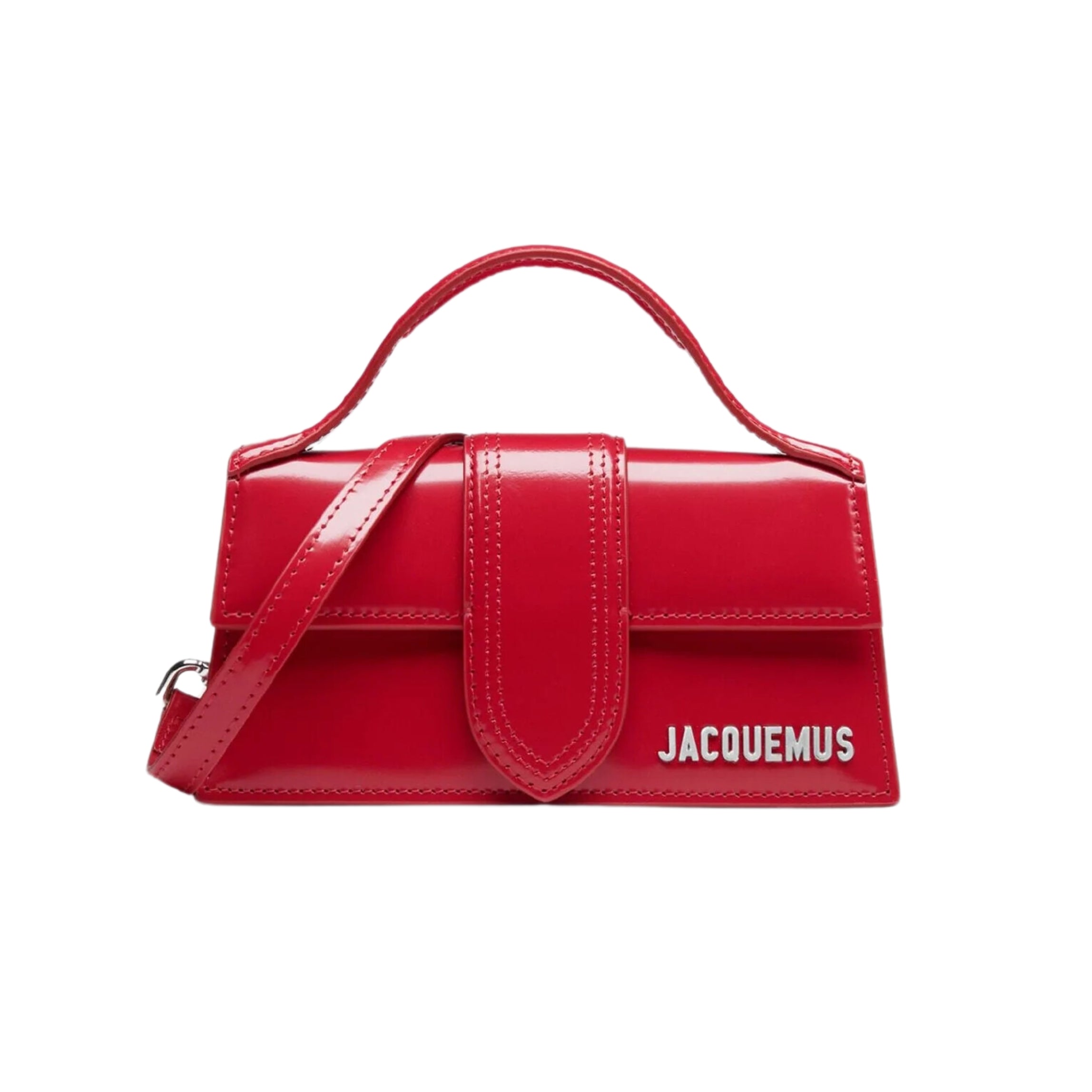 Jacquemus Le Bambino Bag in vibrant red, featuring a sleek, structured design and a top handle. The handbag is made from smooth leather, showcasing minimalist aesthetics and a bold color, perfect for a stylish women's accessory."