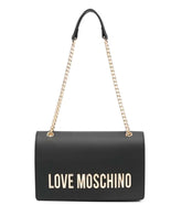 "Love Moschino Black Logo Lettering Medium Shoulder Bag for women, featuring a sleek black design adorned with bold logo lettering. The bag includes a spacious interior and a stylish shoulder strap, making it a chic and functional accessory for daily use.