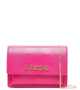 "Love Moschino Light Pink Logo Small Crossbody Bag for women, featuring a soft light pink color and a stylish logo design. The bag includes an adjustable strap and a compact silhouette, making it a trendy and functional accessory for everyday use."
