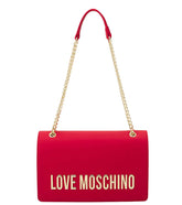 "Love Moschino Red Logo Medium Shoulder Bag for women, featuring a vibrant red color and a bold logo design. The bag includes a spacious interior and a stylish shoulder strap, making it a chic and practical accessory for everyday use."