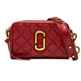 "Marc Jacobs Berry Quilted Softshot Small Crossbody Bag for women, featuring a rich berry color and a soft, quilted design. The bag includes an adjustable strap and a compact silhouette, making it a stylish and convenient accessory for on-the-go use."