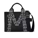 Marc Jacobs Black Monogram M Medium Satchel for women, featuring a sleek design with the signature monogram pattern. The satchel includes top handles and a detachable shoulder strap, offering versatility and style for everyday wear."