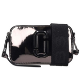 Marc Jacobs Nickel Mirrored Snapshot Small Crossbody Bag for women, featuring a striking mirrored finish and a compact design. The bag includes an adjustable strap and a stylish silhouette, perfect for adding a touch of glam to any outfit."