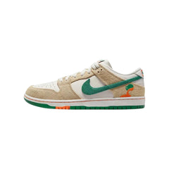 Nike SB Dunk Low "Jarritos" sneakers featuring a colorful design inspired by the popular Mexican soda. The shoe showcases a bright green suede upper with vibrant orange and yellow accents, along with playful graphics and unique branding. Displayed against a neutral background to emphasize the shoe's eye-catching aesthetic and festive theme.