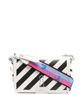 "Off-White White Diag Mini Crossbody Bag for women, featuring a clean white design with iconic diagonal stripes. The bag includes an adjustable strap and a compact shape, making it a trendy and functional accessory for everyday use."