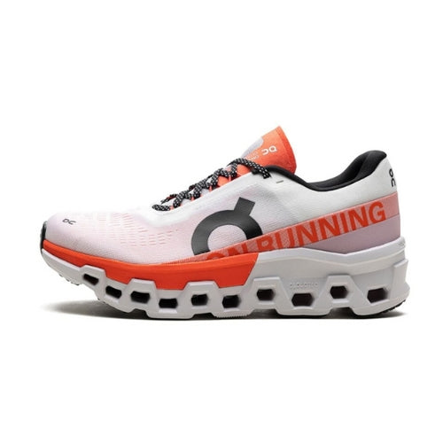 "On Running Cloudmonster 2 White Flame running shoes with bold design, maximal CloudTec® cushioning, and responsive Speedboard® for high-performance runs"