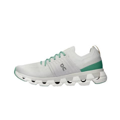 On Running Cloudswift 3 in White and Green – Lightweight running shoe with breathable mesh upper and Helion™ superfoam for urban runs.