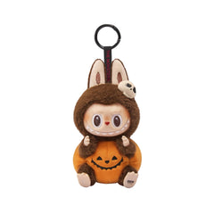 "Pop Mart Labubu Happy Halloween Party Series Sitting Pumpkin vinyl plush pendant – spooky-cute collectible featuring Labubu dressed in pumpkin costume, ideal for Halloween decor, kawaii toy collectors, and Pop Mart fans."