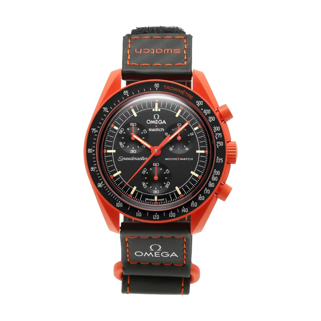 Swatch x Omega Bioceramic Moonswatch Mission to Earth - LAVA. This innovative timepiece combines the iconic design of Omega with Swatch's bioceramic technology, resulting in a watch that is both stylish and sustainable.
The vibrant lava red dial is a striking homage to the fiery spirit of Earth, while the robust bioceramic case ensures durability without compromising on comfort.
