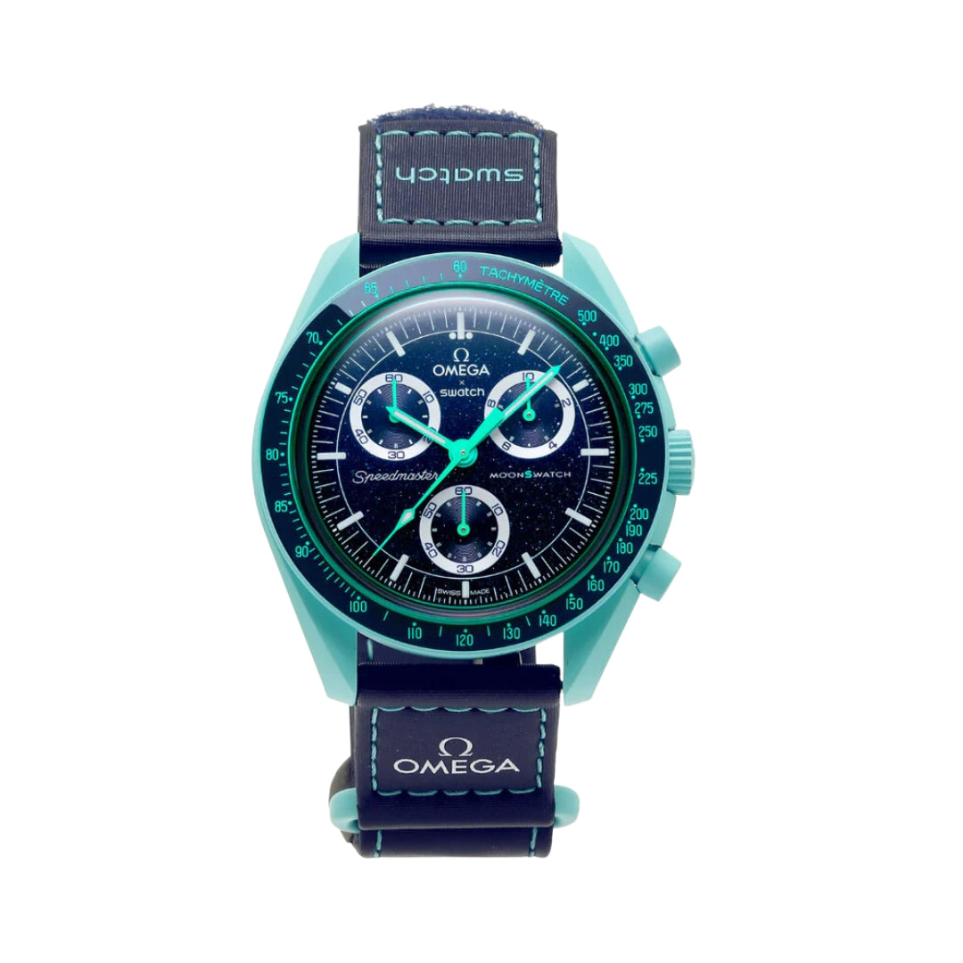 Swatch x Omega Bioceramic Moonswatch Mission to Earth - POLAR LIGHTS. This stunning timepiece merges Swatch's playful ingenuity with Omega's iconic design, offering a bioceramic case that’s both durable and eco-friendly.