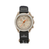 Swatch X Omega Bioceramic Moonswatch Mission To Jupiter watch boasts sophisticated beige tones complemented with a black VELCRO strap crafted for those who want to keep things classic.