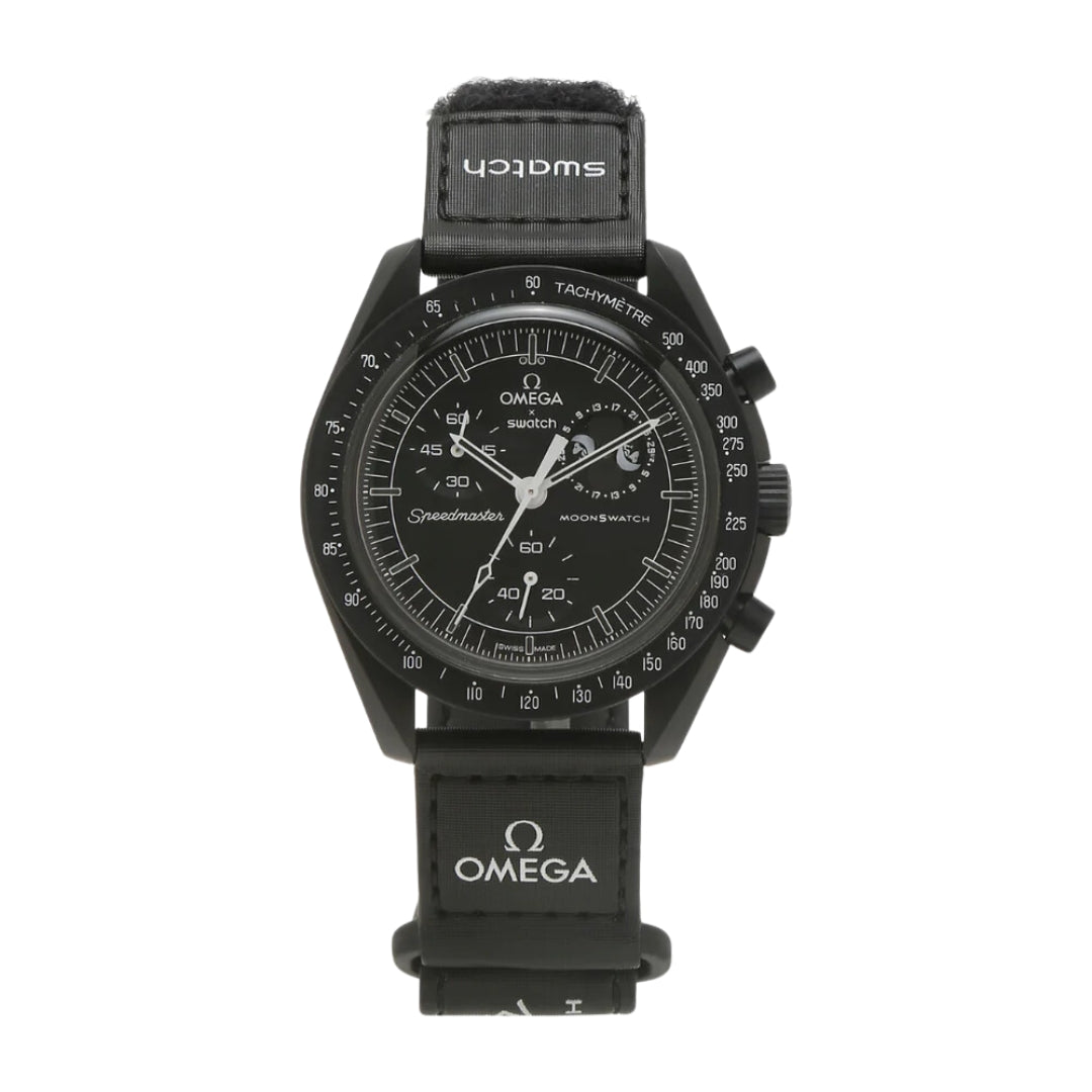 "Swatch x Omega Bioceramic MoonSwatch 'Mission to Moonphase Snoopy Black,' featuring a sleek black case adorned with Snoopy graphics. The watch has a bold white dial with colorful lunar phase indicators, a durable strap, and a playful design that combines luxury with a fun space theme."