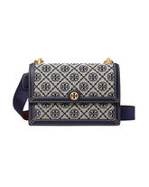 "Tory Burch T Monogram Jacquard Shoulder Bag featuring a stylish monogram pattern and an adjustable strap. The bag combines a chic design with a spacious interior, making it a versatile accessory for everyday use.
