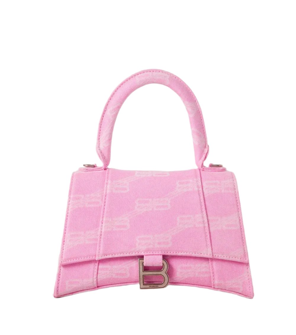 "BALENCIAGA Hourglass Small Printed Denim Tote Bag, featuring a unique hourglass shape with a printed denim exterior. The bag includes sturdy handles and a structured design, making it a chic and functional accessory for everyday use."