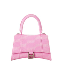 "BALENCIAGA Hourglass Small Printed Denim Tote Bag, featuring a unique hourglass shape with a printed denim exterior. The bag includes sturdy handles and a structured design, making it a chic and functional accessory for everyday use."