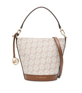 "Michael Kors White Townsend Bucket Bag for women, featuring a chic white design with a structured bucket shape. The bag includes a drawstring closure and a spacious interior, making it a stylish and practical accessory for everyday use.
