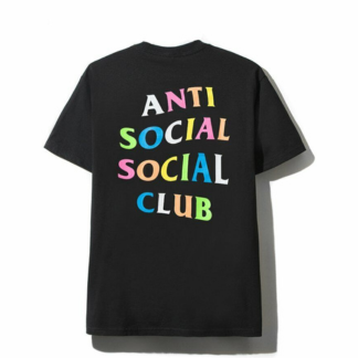 Anti Social Social Club Rainbow Black Tee "Black T-shirt from Anti Social Social Club featuring a vibrant rainbow graphic, blending playful colors with a contemporary streetwear vibe."



