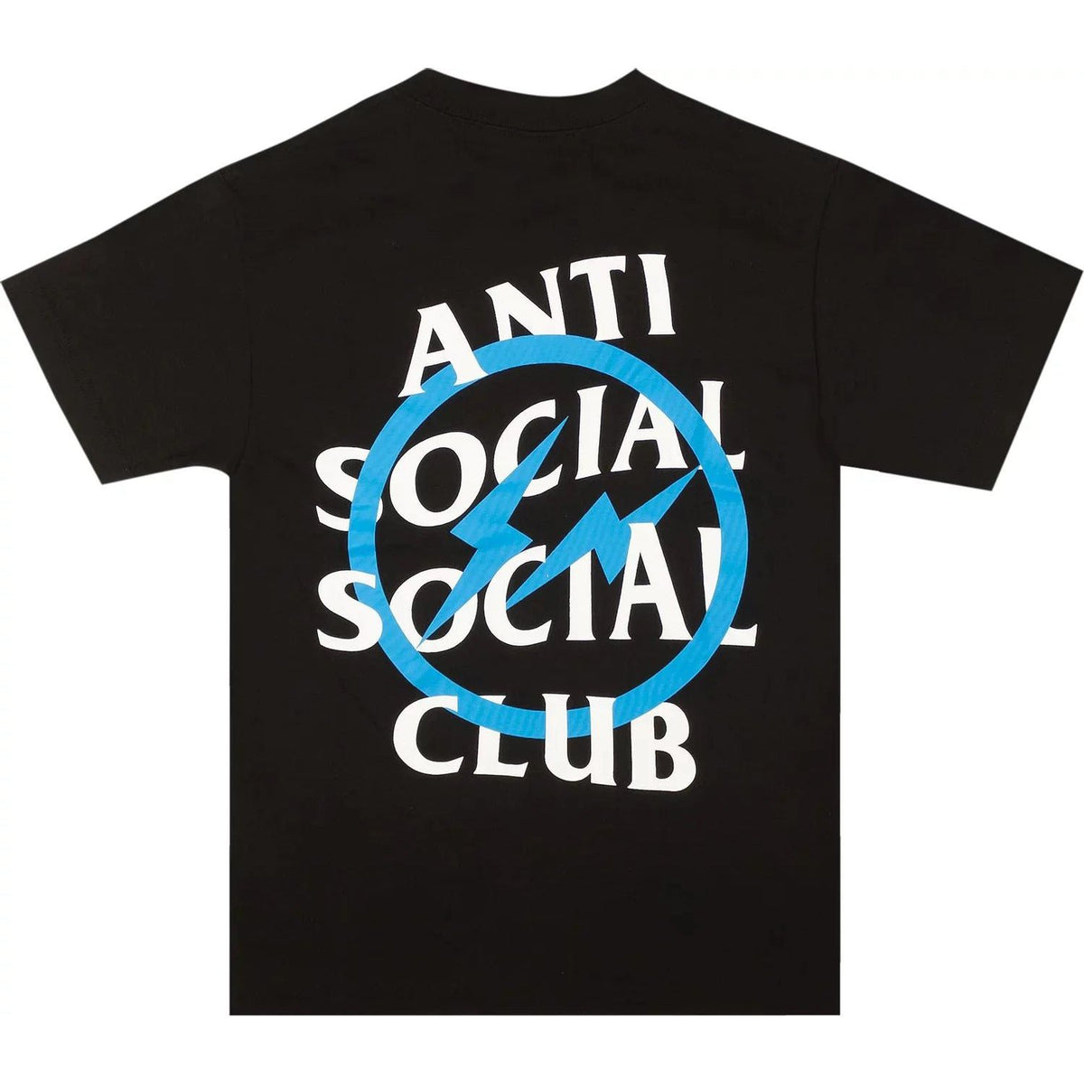 Anti Social Social Club x Fragment Design Blue Bolt Tee "Black" "Black T-shirt from Anti Social Social Club x Fragment Design featuring a striking blue lightning bolt graphic, combining bold streetwear aesthetics with modern design."



