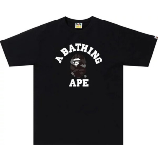 BAPE Digital Camo College Tee - Black "Black T-shirt featuring a digital camo pattern and a collegiate-style BAPE logo, combining urban fashion with a bold graphic design."



