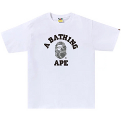 BAPE Digital Camo College Tee - White "White T-shirt featuring a digital camo pattern and a collegiate-style BAPE logo, merging urban style with a striking graphic design."




