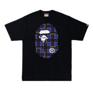 BAPE Logo Check Big Ape Head Tee  Black "Black T-shirt featuring a checkered BAPE logo alongside a large ape head graphic, combining playful design with streetwear flair."



