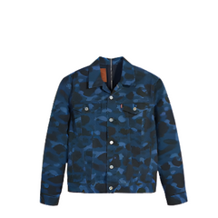 BAPE X LEVIS trucker jacket camo blue limited "Limited edition BAPE x Levi's trucker jacket in blue camo, featuring a classic design with bold camouflage patterns and iconic branding."



