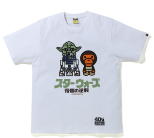 BAPE X Star Wars Baby Milo & Yoda Tee White "White T-shirt featuring a graphic of Baby Milo alongside Yoda from Star Wars, combining playful characters with BAPE's signature streetwear style."



