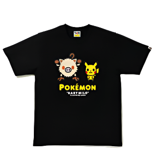 BAPE x Pokemon Mankey Tee #2  "BAPE x Pokémon Mankey T-shirt featuring a graphic of Mankey alongside the iconic BAPE logo, blending playful character design with streetwear style."



