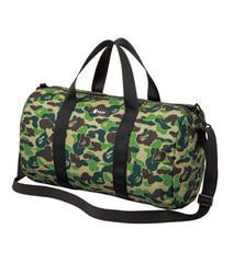  "Bape Green Camo Duffle Bag, featuring a distinctive green camouflage pattern and a spacious design. The bag includes dual handles and an adjustable shoulder strap, making it a stylish and functional option for travel or everyday use."



