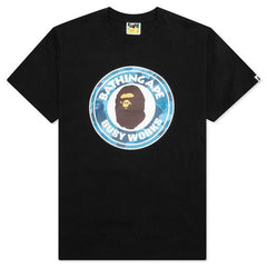 BAPE Honeycomb Camo Busy Works Tee Black "Black T-shirt featuring a honeycomb camo pattern and the Busy Works graphic, blending bold streetwear aesthetics with a unique design."



