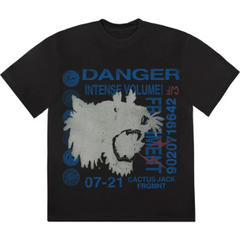 Cactus Jack by Travis Scott For Fragment Danger Tee "Black" "Black T-shirt featuring the Cactus Jack logo by Travis Scott and Fragment, showcasing a striking 'Danger' graphic that highlights urban streetwear aesthetics."



