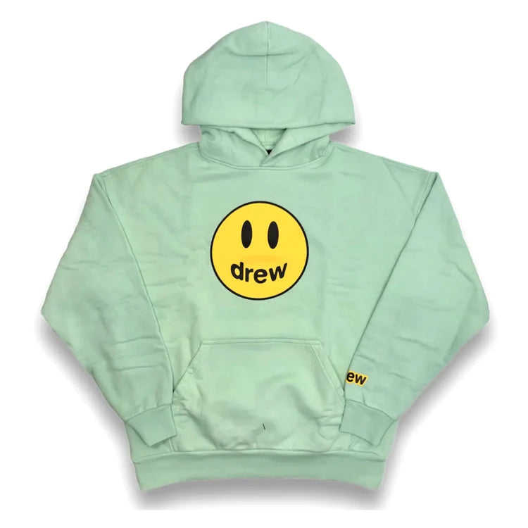 Drew House Mascot Hoodie Mint "Mint green hoodie from Drew House featuring the iconic smiley mascot graphic, designed for a casual and trendy look."



