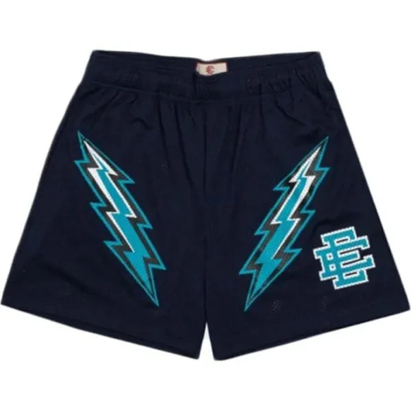 Eric Emanuel EE Lightning Bolt Shorts Navy "Navy shorts from Eric Emanuel featuring a bold lightning bolt graphic, designed for a sporty and trendy streetwear look."



