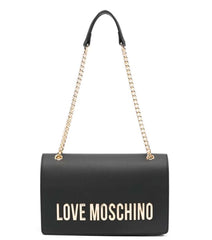  "Love Moschino Black Logo Lettering Medium Shoulder Bag for women, featuring a sleek black design adorned with bold logo lettering. The bag includes a spacious interior and a stylish shoulder strap, making it a chic and functional accessory for daily use.



