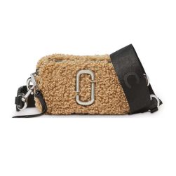 Marc Jacobs Beige Snapshot Teddy Small Crossbody Bag for women, featuring a soft teddy texture and a chic beige color. The bag includes a removable strap and a compact design, combining style and practicality for everyday use."



