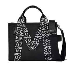 Marc Jacobs Black Monogram M Medium Satchel for women, featuring a sleek design with the signature monogram pattern. The satchel includes top handles and a detachable shoulder strap, offering versatility and style for everyday wear."



