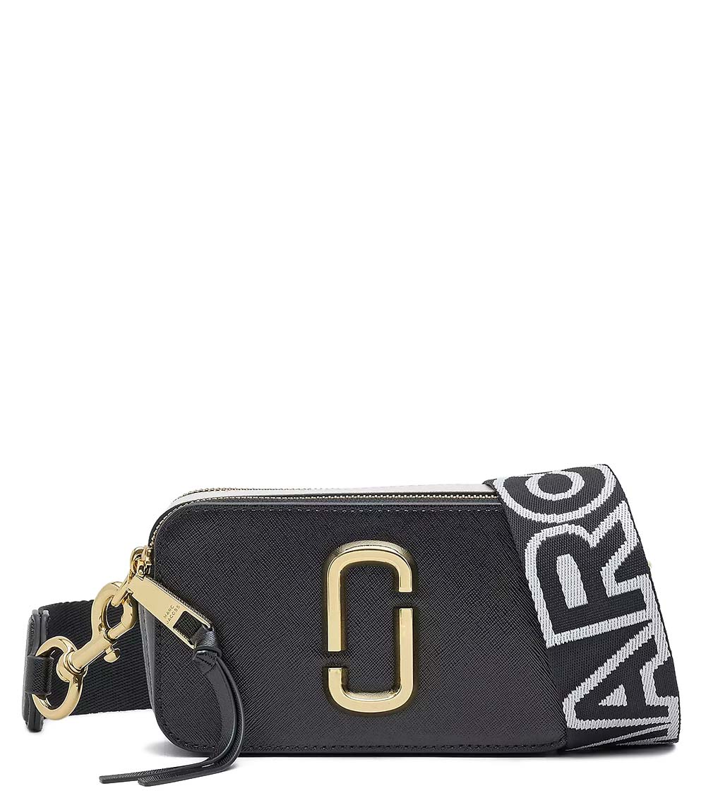 Marc Jacobs Black Multi Snapshot Small Crossbody Bag for women, featuring a sleek black design with colorful accents. The bag includes an adjustable strap and the signature logo, offering a stylish and functional accessory for daily use."



