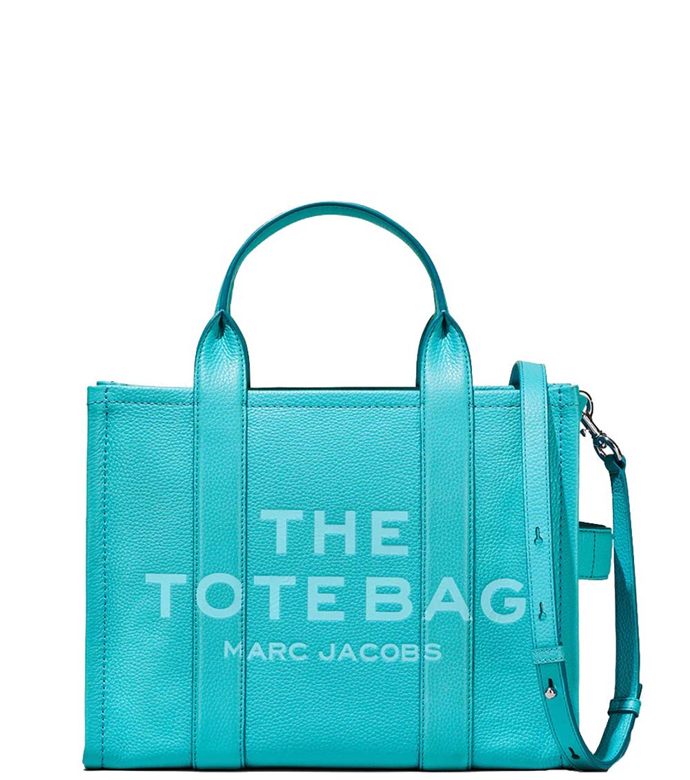 Marc Jacobs Pool The Tote Medium Satchel for women, featuring a refreshing pool blue color and a spacious design. The satchel includes sturdy top handles and a versatile interior, making it a stylish and practical accessory for everyday use."



