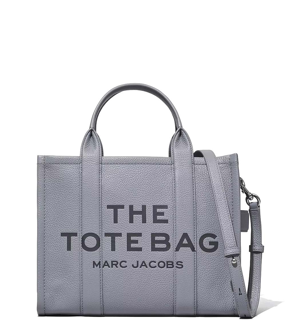 "Marc Jacobs Wolf Grey The Tote Medium Satchel for women, featuring a soft wolf grey color and a spacious design. The satchel includes sturdy top handles and a versatile interior, making it a stylish and practical accessory for everyday use."



