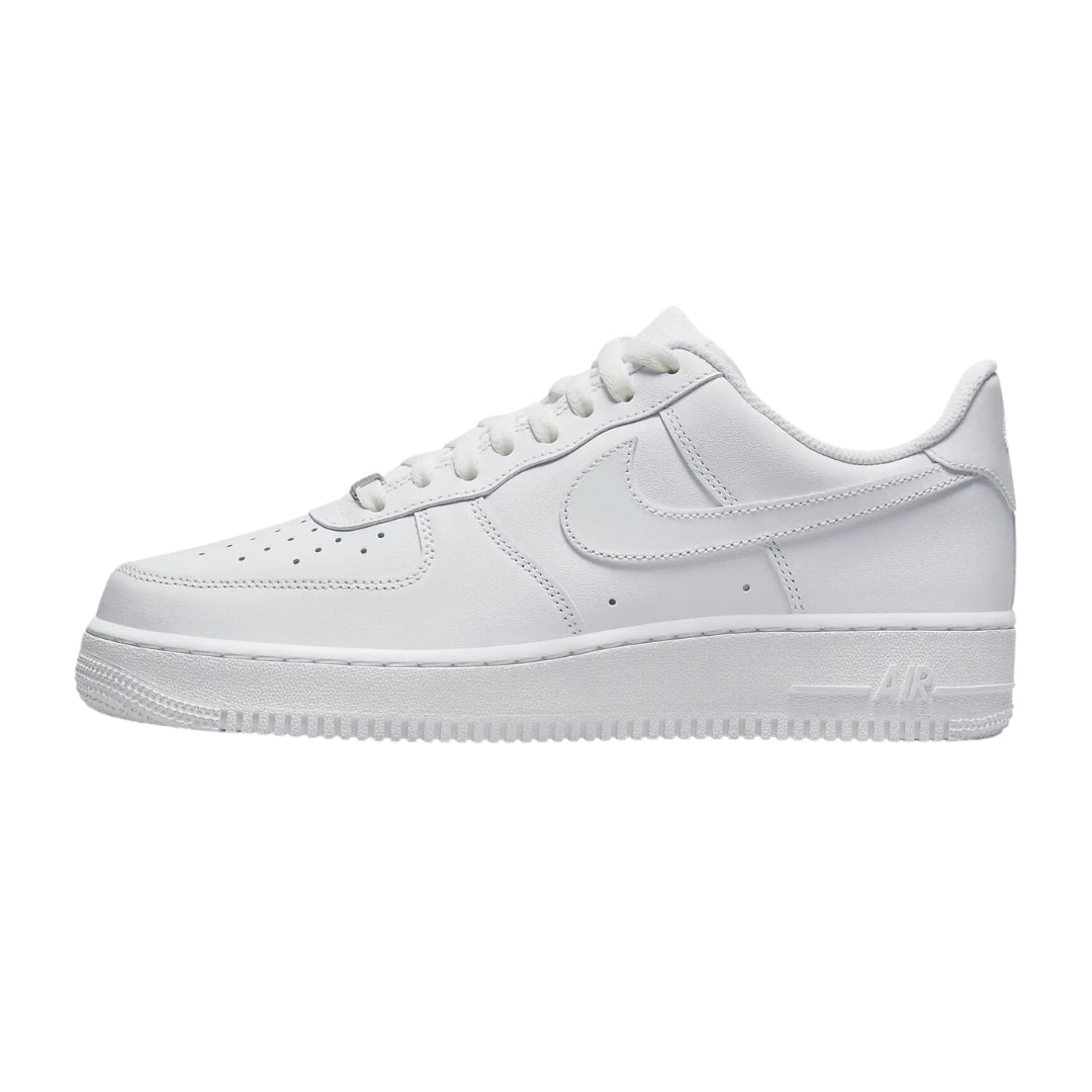 Nike Air Force 1 sneakers in the 'Triple White' colorway, featuring a classic low-top silhouette, an all-white leather upper, perforated toe for ventilation, and a cushioned midsole for comfort."