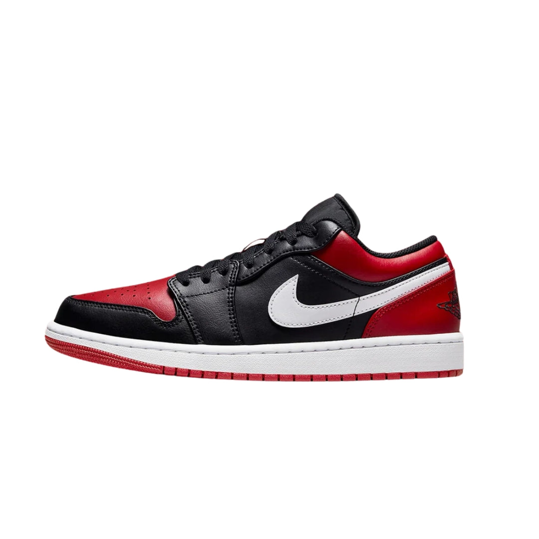 "Nike Air Jordan 1 Low Alternate Bred Toe sneakers featuring a black and red leather upper with white accents. The design includes the iconic Jordan logo on the heel and a sleek low-top silhouette."