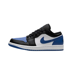 "Nike Air Jordan 1 Low 'Alternate Royal Toe' sneakers featuring a sleek black leather upper with royal blue and white accents. The design includes the signature Swoosh, a low-top silhouette, and the iconic Jordan logo on the heel."