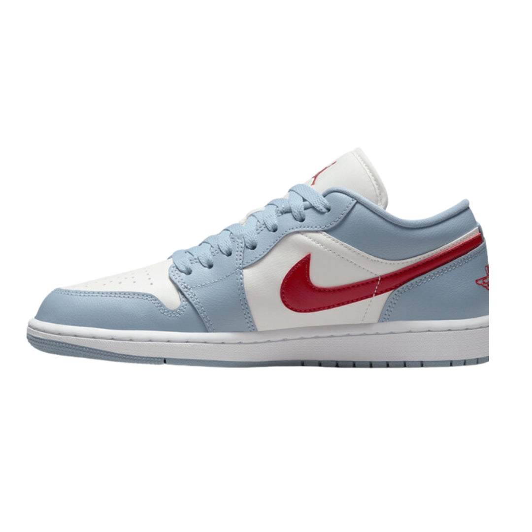 Nike Air Jordan 1 Low "Blue Dune Red" sneakers featuring a combination of rich blue leather and textured red accents. The design includes a classic low-top silhouette with a white midsole and black swoosh, showcased against a clean, neutral background.



