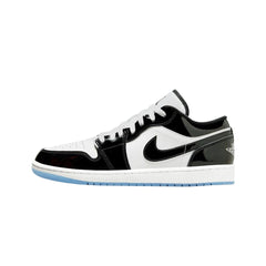 Nike Air Jordan 1 Low "Concord" sneakers featuring a sleek black leather upper with white accents and a glossy purple swoosh. The shoes have a low-top silhouette and a classic Air Jordan design, set against a clean white background.



