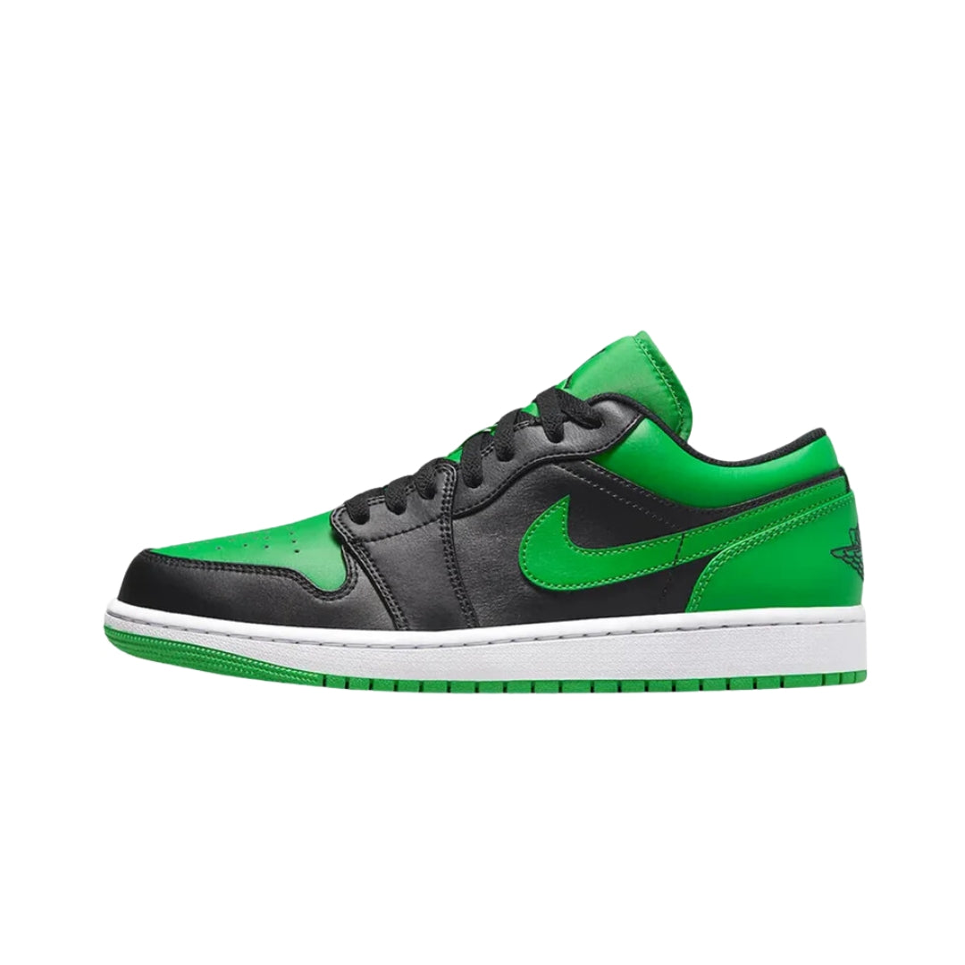 Nike Air Jordan 1 Low "Lucky Green" sneakers featuring a white leather upper with vibrant green accents. The low-top design includes a black swoosh and a white midsole, showcased against a neutral background to highlight the fresh colorway and classic silhouette.



