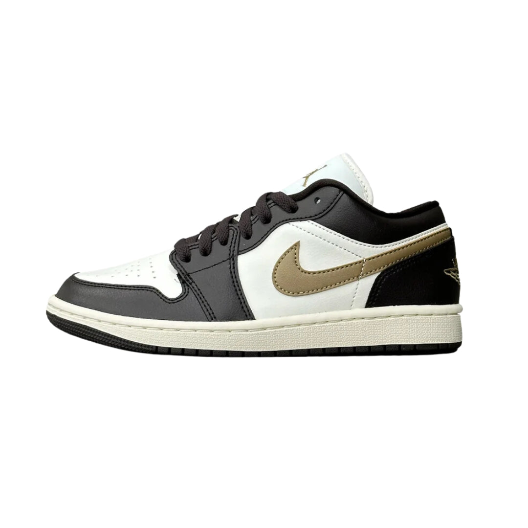 Nike Air Jordan 1 Low "Shadow Brown" sneakers showcasing a mix of brown leather and suede materials. The design features a black swoosh and white midsole, with a low-top silhouette and classic Air Jordan branding. The shoes are displayed on a neutral background.



